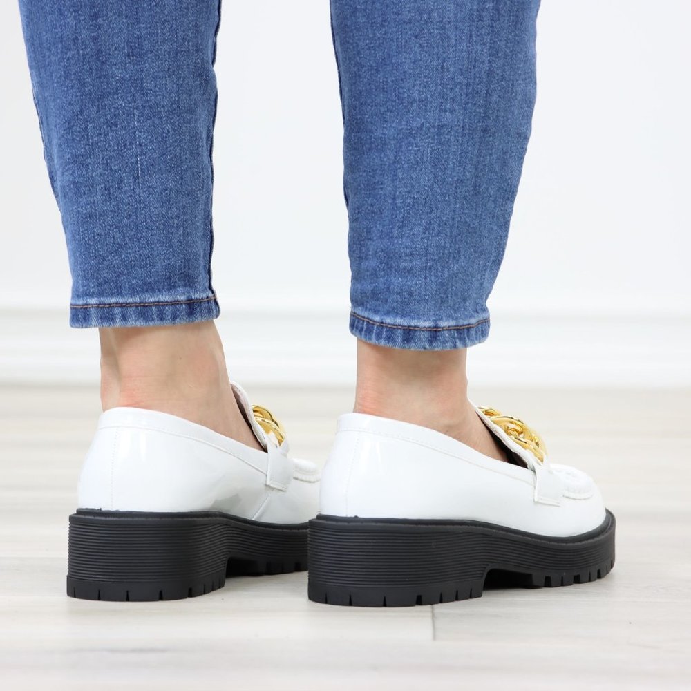 White Patent Chunky Lug Sole Slip On Penny Loafers Platform With Gold Chain - Picture 8 of 16